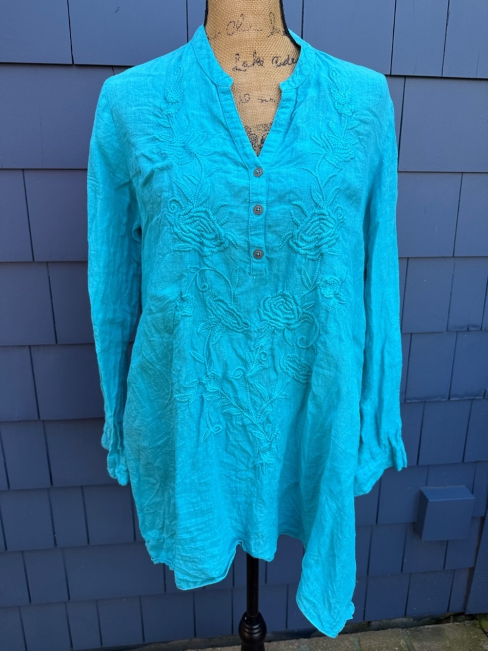 Kyla Seo Small linen Turquoise Embroidered V-Neck Tunic Top